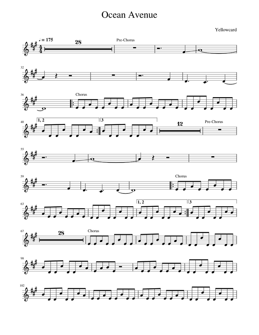 Ocean Avenue Yellowcard (Violin Part) Sheet music for Violin (Rock