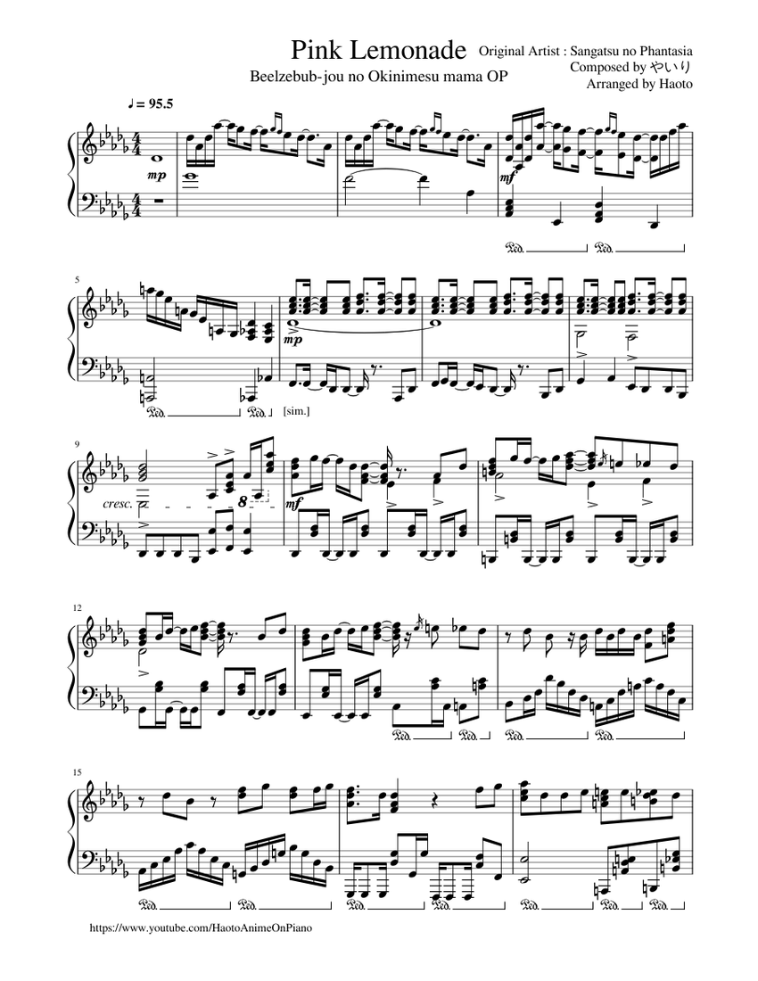 Beelzebub-jou no Okinimesu mama OP Piano - Pink Lemonade Sheet