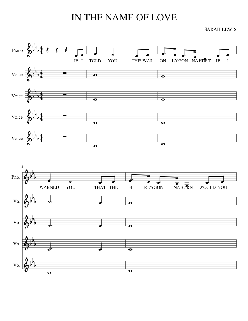 IN THE NAME OF LOVE Sheet music for Piano, Vocals (Mixed Quintet