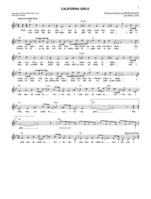 California Girls - The Beach Boys, David Lee Roth (Lead Sheet - Fake Book)