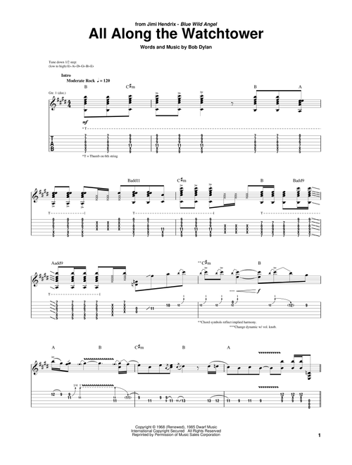 All Along The Watchtower - Jimi Hendrix, U2, Bob Dylan (Guitar Tab)