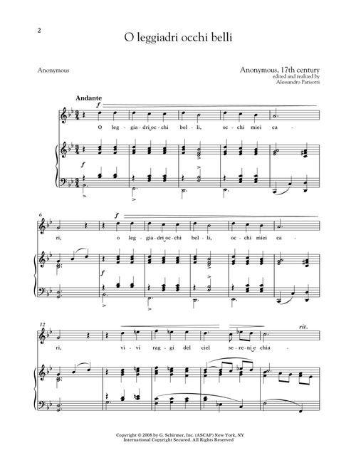 O Leggiadri Occhi Belli (Medium High Voice) (Ed. Alessandro Parisotti (ed.)) - Anonymous 17th Century (Piano Vocal)