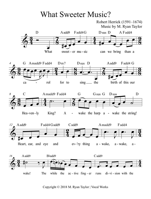 What Sweeter Music? : A new setting of Robert Herrick's poem for Voice & Renaissance Guitar (opt. Uk - M. Ryan Taylor (Small Ensemble)