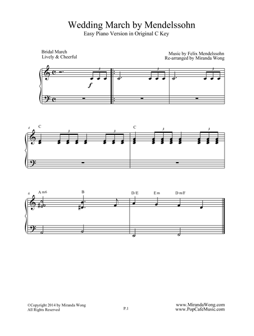 Wedding March by Mendelssohn - Easy Piano Version (With Chords) (Arr. Miranda Wong) - Felix Bartholdy Mendelssohn (Instrumental Duet)