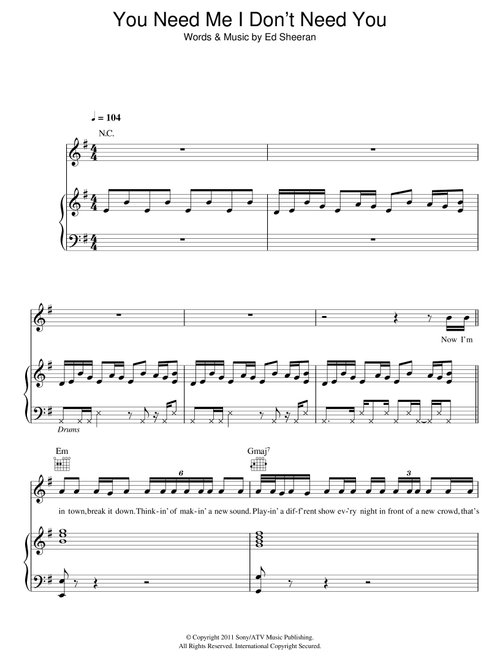 You Need Me, I Don't Need You - Ed Sheeran (Piano-Vocal-Guitar (Piano Accompaniment))