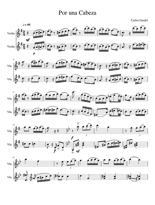 Por una Cabeza for two violins