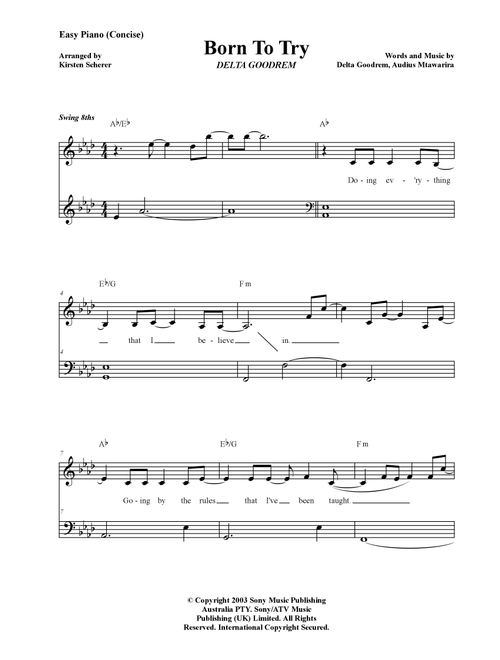 Born To Try (Arr. Kirsten Scherer) - Delta Goodrem (Easy Piano)