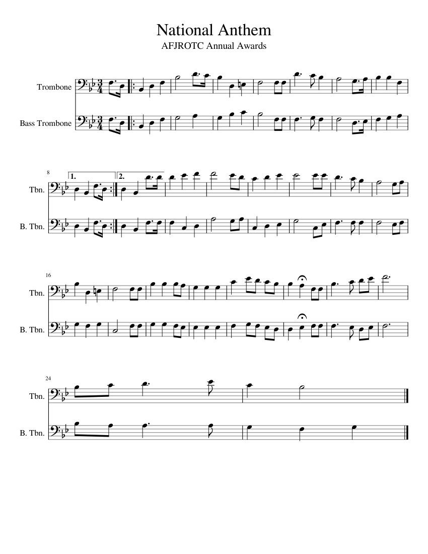 National Anthem Sheet music for Trombone, Trombone bass (Brass Duet