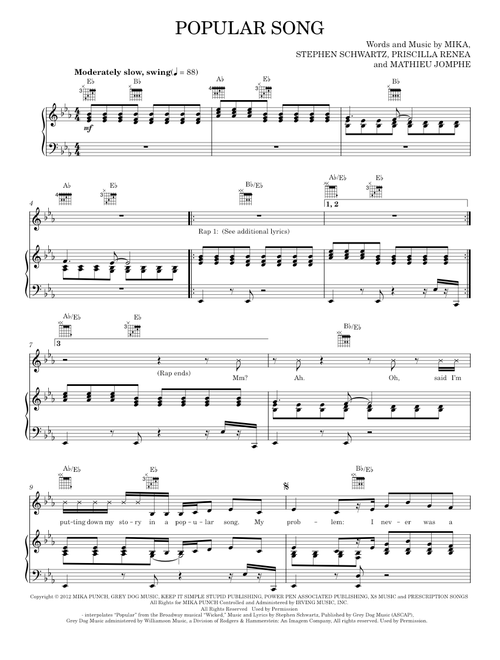 Popular song - Mika (Piano-Vocal-Guitar)