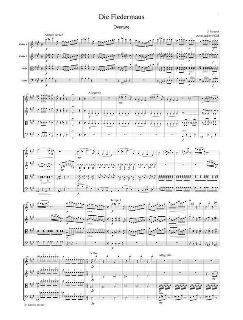 J.Strauss  Die Fledermaus (The Bat) Overture, for string quartet, CS107 (Arr. FCMUSIC) (String Quartet)