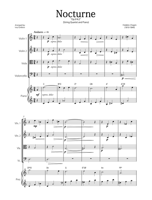 "Nocturne" (Chopin) - Beautiful EASY version for STRING QUARTET and PIANO. (Arr. Iury Cardoso) - Frédéric Chopin (String Ensemble)