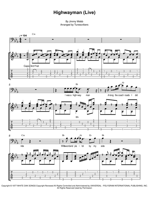 Highwayman (Live) (Arr. Tunescribers) - Jimmy Webb (Guitar Tab with Voice)