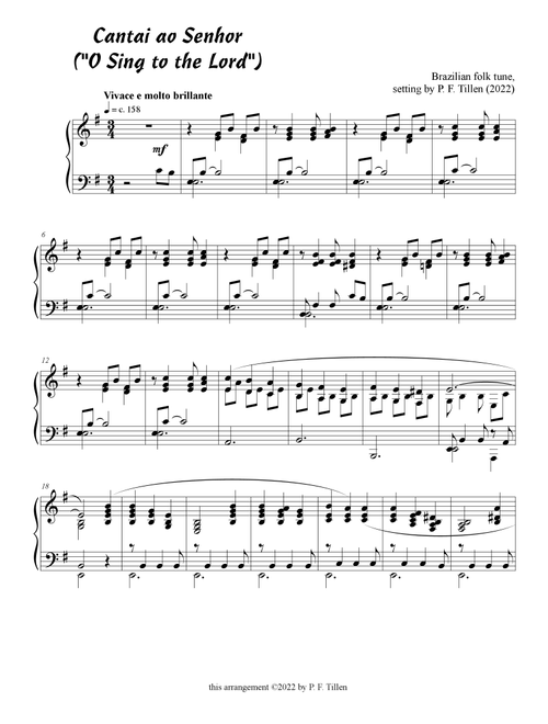 Cantai ao Senhor ("O Sing to the Lord") (Arr. arranged by P. F. Tillen) - Brazilian folk tune (Piano Solo)
