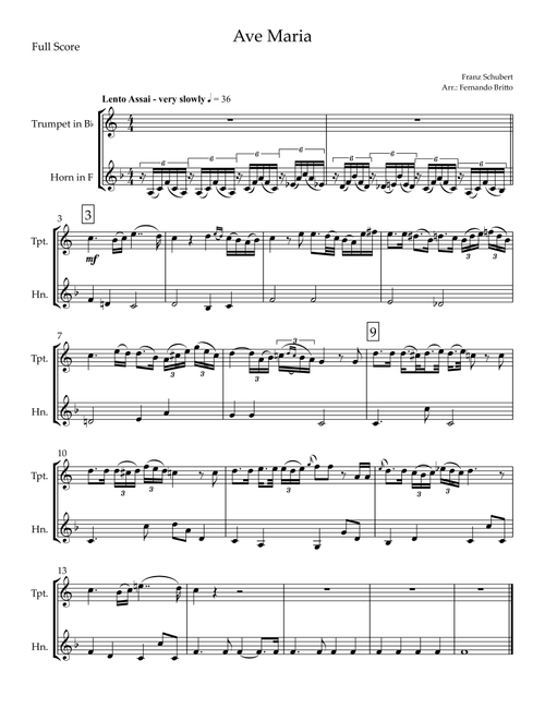 Ave Maria (Franz Schubert) for Trumpet in Bb & Horn in F Duo (Arr. Fernando Britto) (Instrumental Duet)
