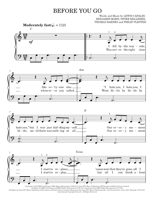 Before you go - Lewis Capaldi (Easy Piano)