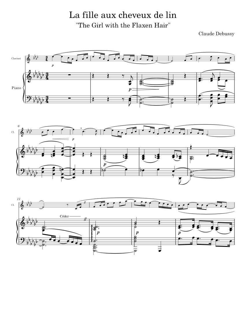 The Girl with the Flaxen Hair – Claude Debussy Sheet music for Piano, Clarinet other (Mixed Duet ...