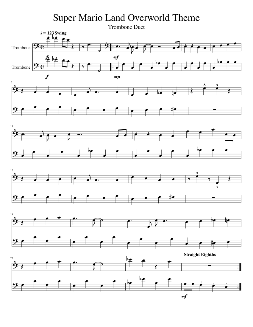 Super Mario Land Overworld Theme - Trombone Duet Sheet music for 