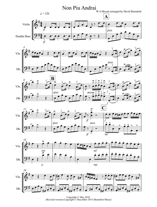 Non Più Andrai for Violin and Double Bass (Arr. David Burndrett) - W.A Mozart (Instrumental Duet)