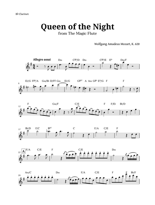Queen of the Night by Mozart for Clarinet with Chords (Arr. Langanho) (Clarinet Solo)