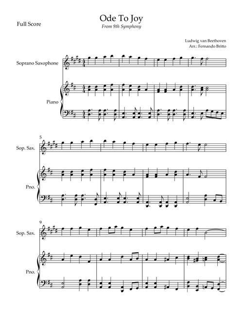 To Joy Theme (from Beethoven's 9th Symphony) for Soprano Saxophone Solo and Piano Accompaniment (Arr. Fernando Britto) - Ludwig Van Beethoven (Soprano Sax and Piano)