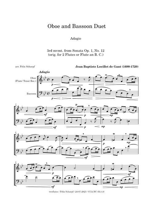Adagio, Op. 1, No. 12 (3rd mvmt.) Jean Baptiste Loeillet - arr. for Oboe and Bassoon