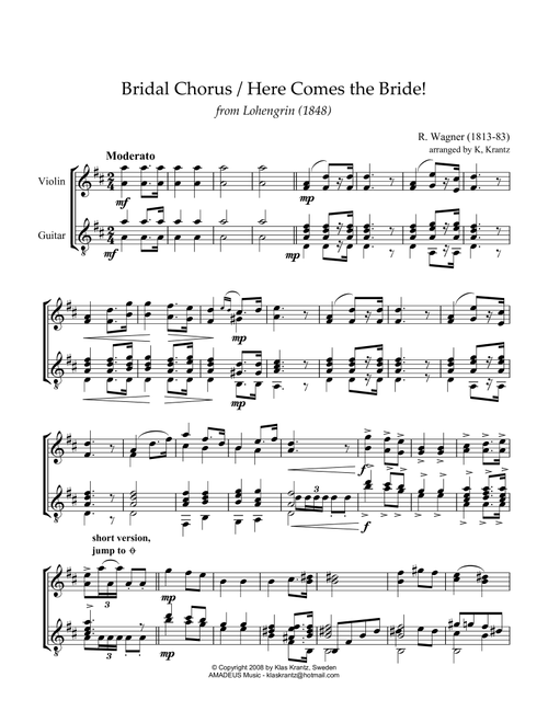 Bridal Chorus / Here Comes the Bride! for violin (advanced) and guitar (Arr. K. Krantz) - R Wagner (Instrumental Duet)
