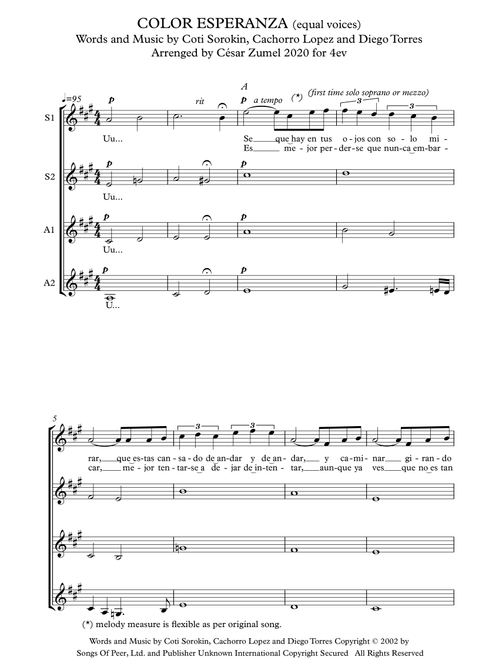 Color Esperanza (Arr. César Zumel) - Diego Torres, Coti Sorokin, Cachorro Lopez (Choral, SSA)