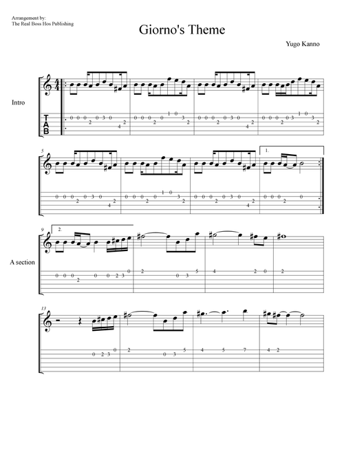 Giorno's Theme (Melody Only) (Arr. The Real Boss Hos Publishing) - Yugo Kanna (Guitar Tab)