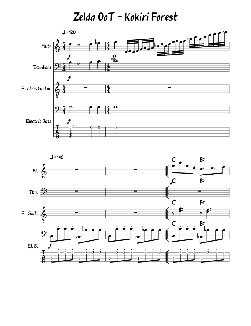 Kokiri Forest (Zelda Ocarina of Time) Sheet music for Trombone, Flute