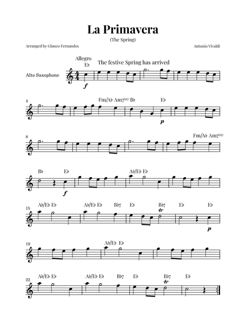 La Primavera (The Spring) by Vivaldi - Alto Saxophone Solo with Chord Notations (Arr. Glauco Fernandes) - Antonio Vivaldi (Alto Sax Solo)