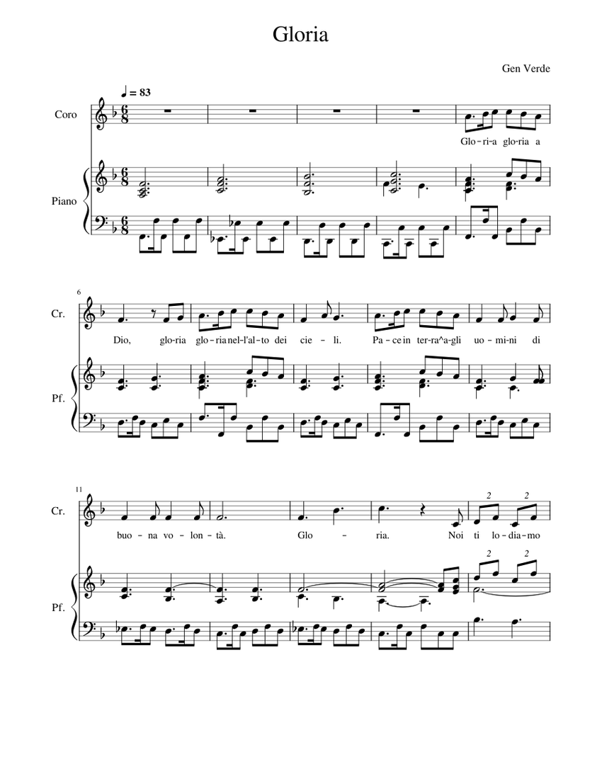 Gloria Gloria A Dio Gloria Gloria Nell'alto Dei Cieli Gloria nell'alto dei cieli – Gen Verde Sheet music for Piano, Soprano