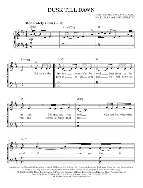 Dusk Till Dawn - ZAYN feat. Sia (Easy Piano)