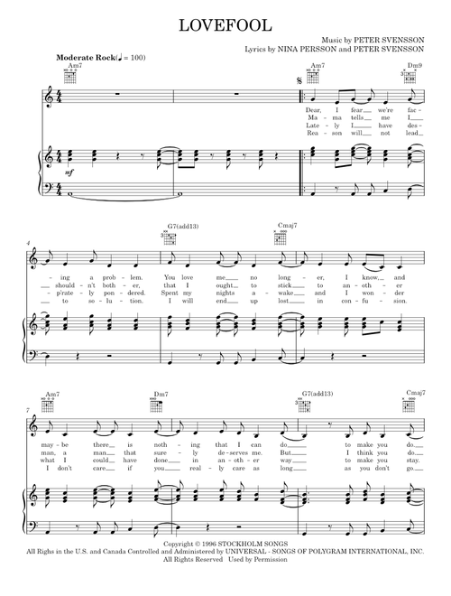 Lovefool - The Cardigans (Piano-Vocal-Guitar)