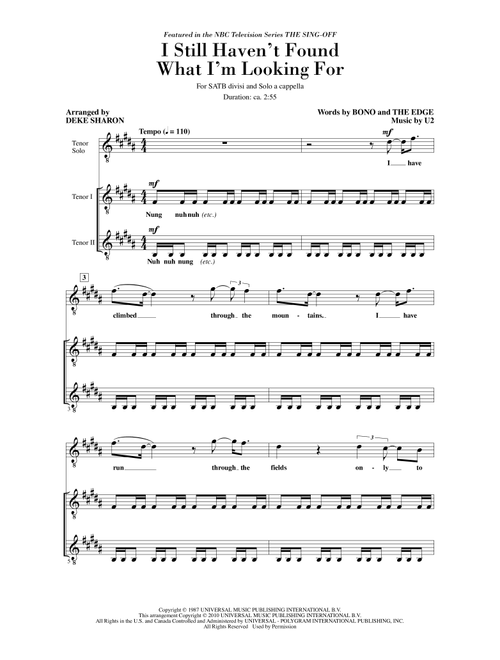 I Still Haven't Found What I'm Looking For (from NBC's The Sing-Off) (Arr. Deke Sharon) - U2 (Choral, SATB)