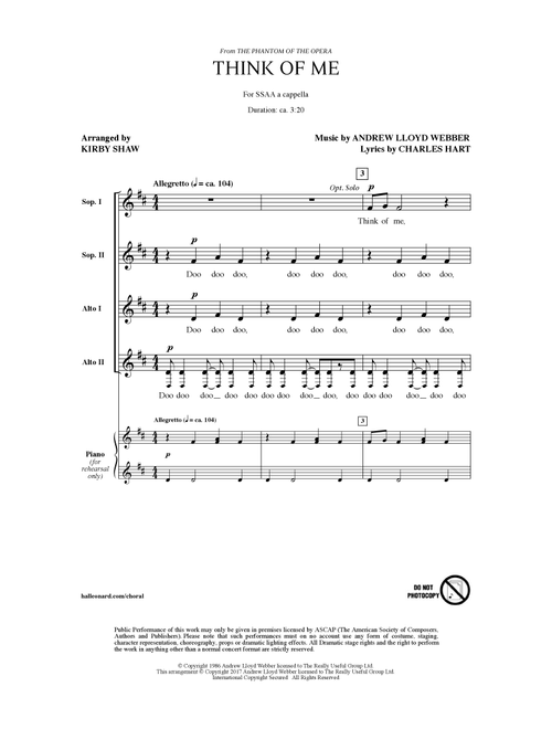 Think Of Me (from The Phantom Of The Opera) (arr. Kirby Shaw) - Andrew Lloyd Webber, Charles Hart (Choral, SSA)