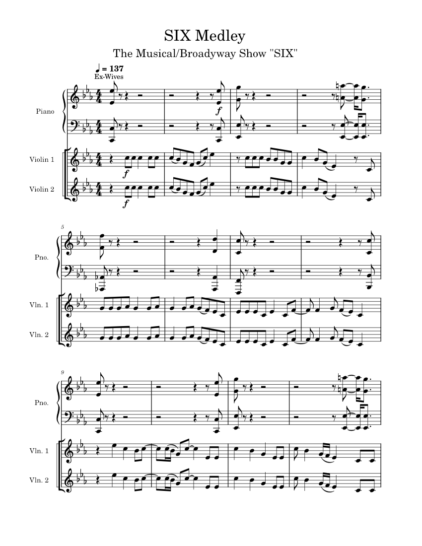 Six The Musical Broadway SIX Medley Sheet music for Piano, Violin