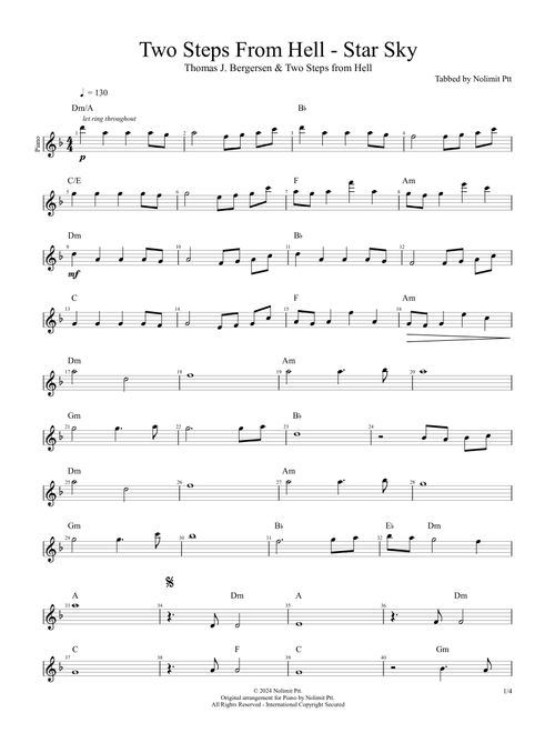 Two Steps From Hell- Star Sky (Arr. T Piano) (Easy Piano)