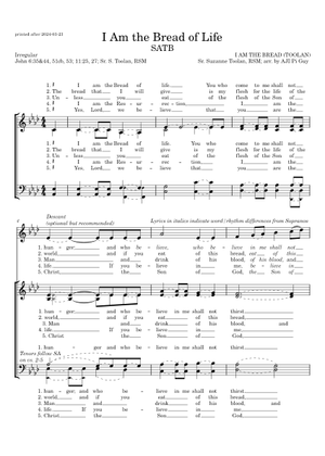 I AM THE BREAD OF LIFE - Suzanne Toolan Sheet Music for Organ