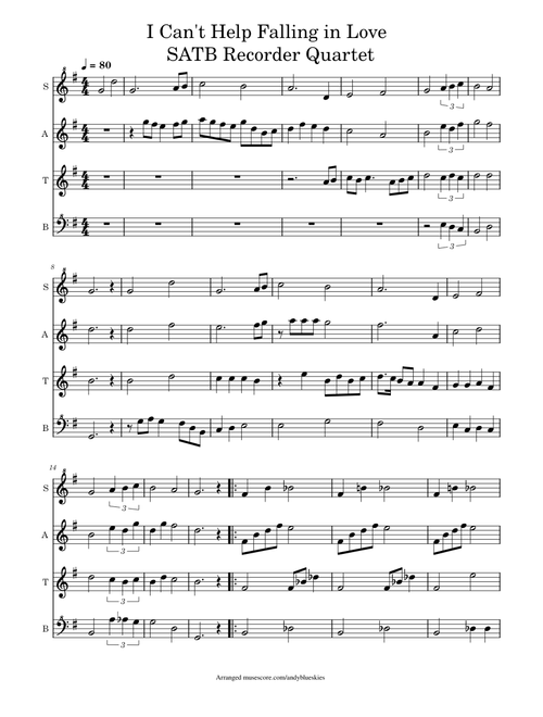 I Can't Help Falling In Love With You SATB Recorder Quartet
