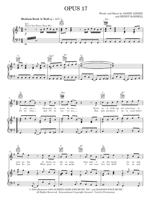 Opus 17 (Don't Worry 'Bout Me) - Frankie Valli, Frankie Valli & The Four Seasons, Jersey Boys Musica (Piano-Vocal-Guitar)