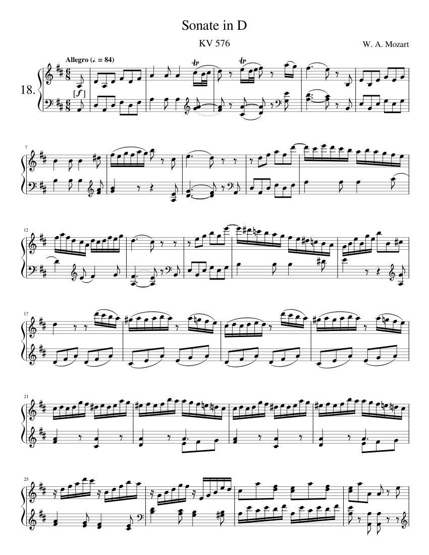 Mozart - Piano Sonata No. 18 in D: Allegro Sheet Music for Piano