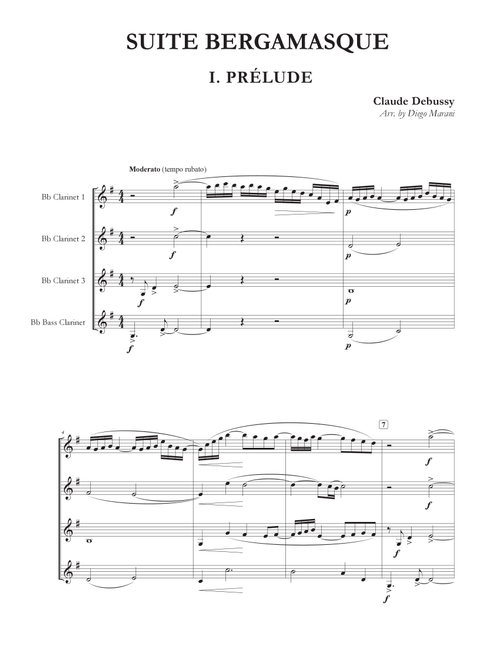 Prelude from "Suite Bergamasque" for Clarinet Quartet (Arr. Diego Marani) - Claude Debussy (Woodwind Ensemble)