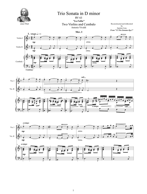 Vivaldi - Trio Sonata No.12 in D minor RV 63 Op.1 - La Follia - for Two Violins and Cembalo (Arr. Santino Cara) - Vivaldi Antonio (Instrumental Duet)