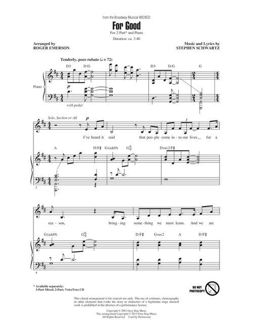For Good (from Wicked) (arr. Roger Emerson) - Stephen Schwartz (Choral, 2-Part)