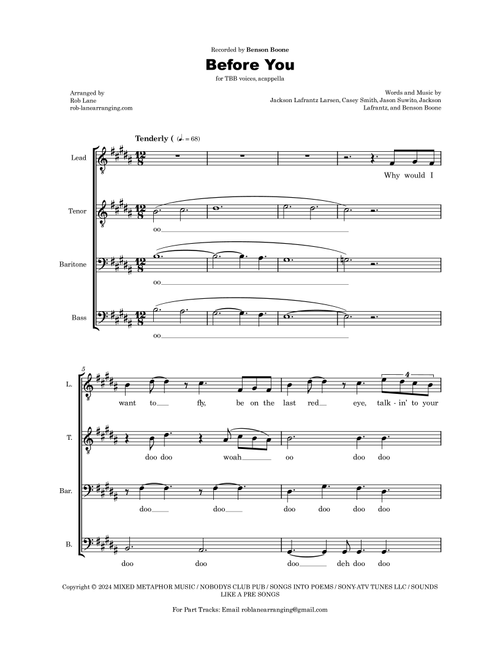 Before You (Arr. Robert Lane) - Benson Boone (Choral, TBB)