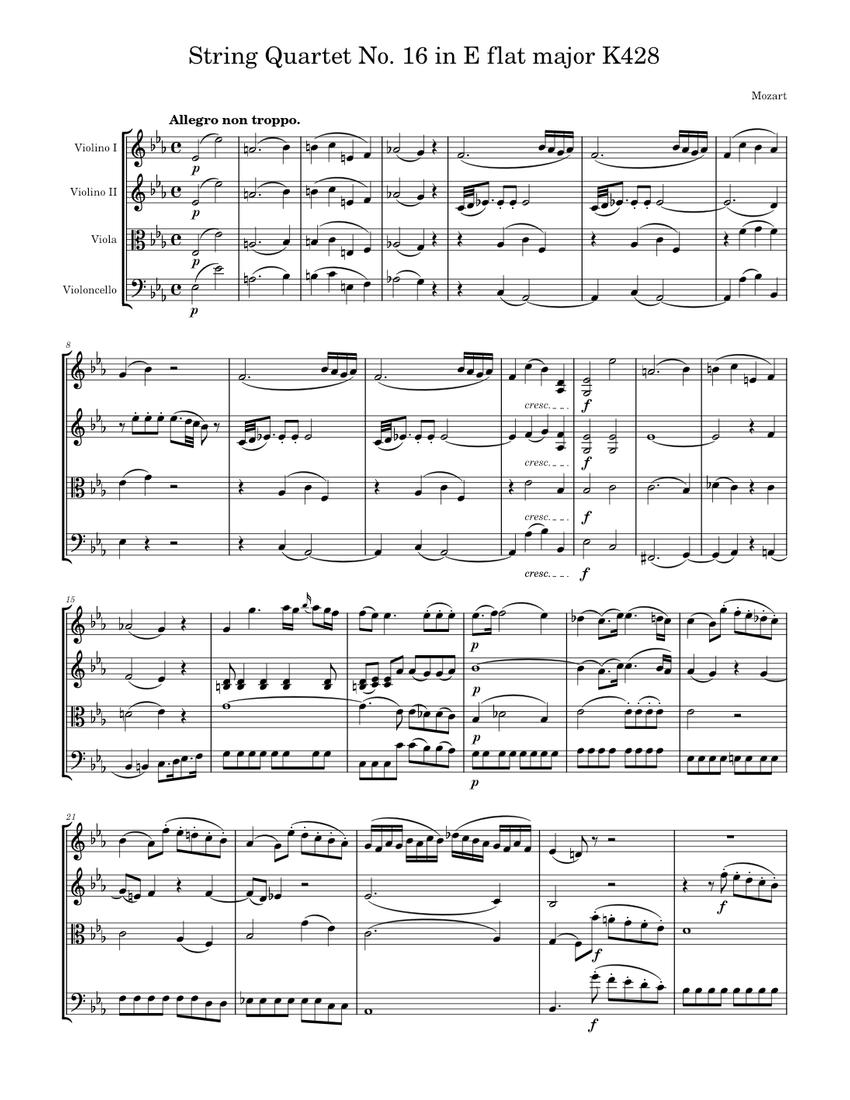 Mozart String Quartet No. 16 in E flat major K428/421b Sheet Music