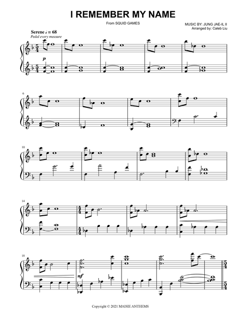 I Remember My Name (Arr. Caleb Liu) - Jaeil Jung (Easy Piano)