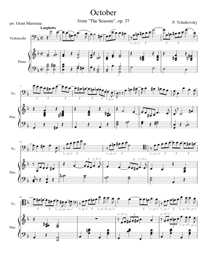 October - Tchaikovsky ( for cello and piano) Sheet Music for Piano ...