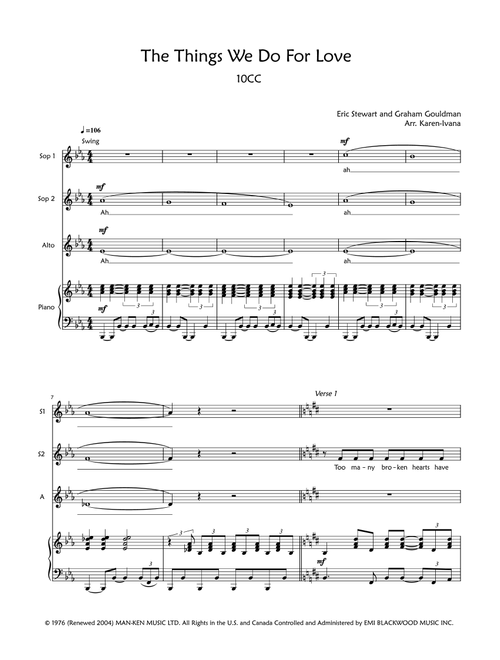 Things We Do For Love (Arr. Karen Ivana) - 10Cc (Choral, SSA)