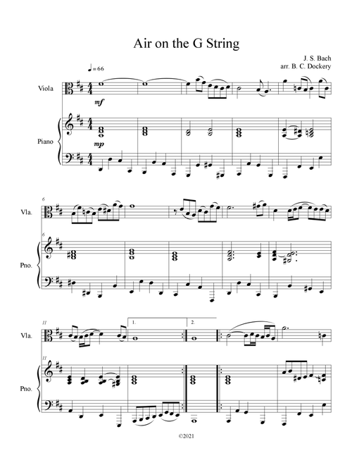 Air on the G String (Viola Solo with Piano Accompaniment) (Arr. B. C. Dockery) - J S Bach (Viola and Piano)